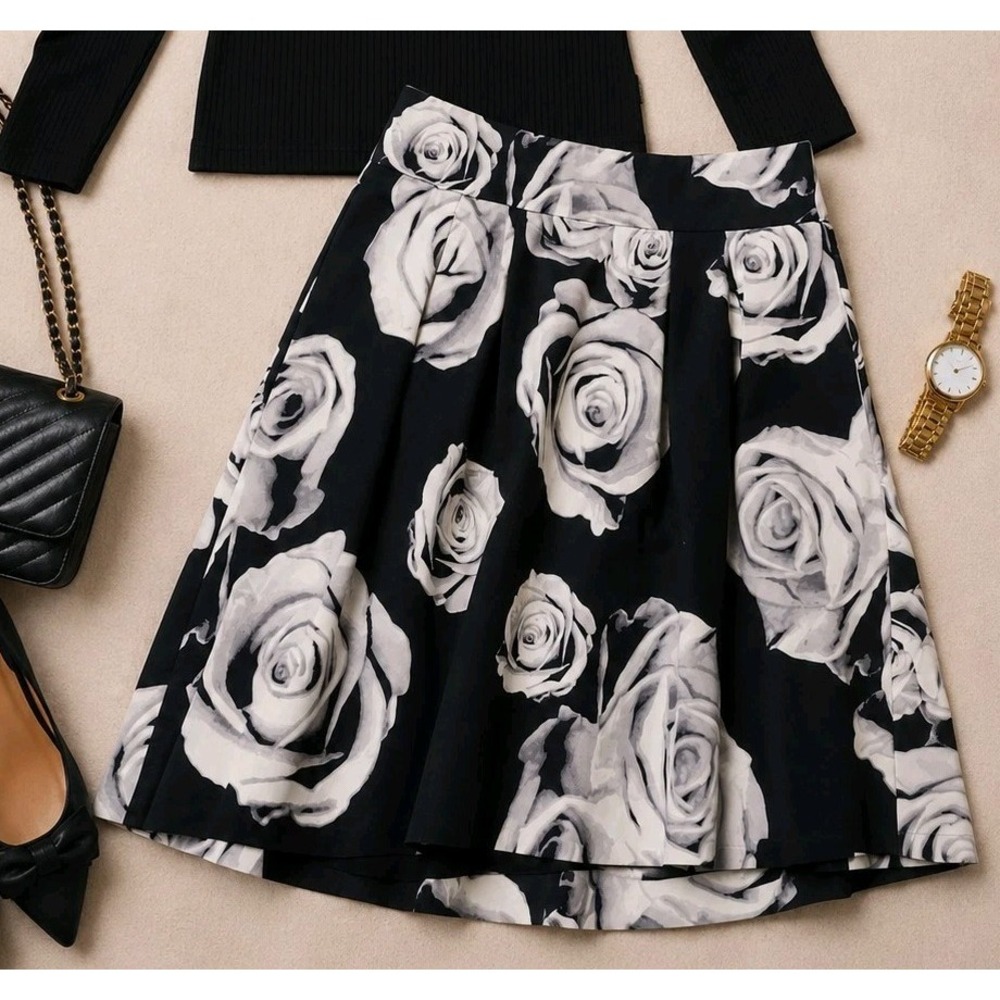 White House Black Market Skirt Women Size 10 Black White Rose Print Pleated...
